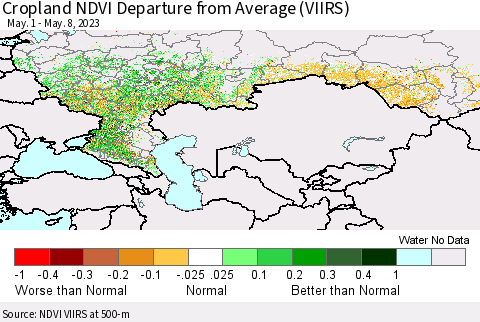 Russian Federation Cropland NDVI Departure from Average (VIIRS) Thematic Map For 5/1/2023 - 5/8/2023