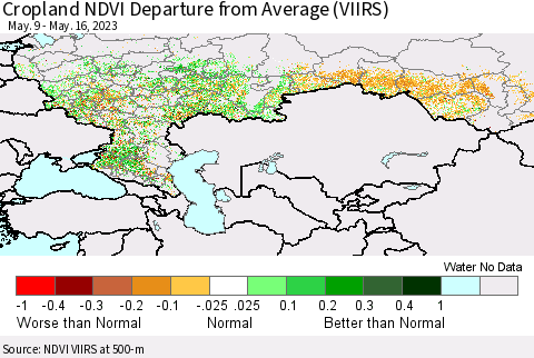 Russian Federation Cropland NDVI Departure from Average (VIIRS) Thematic Map For 5/9/2023 - 5/16/2023