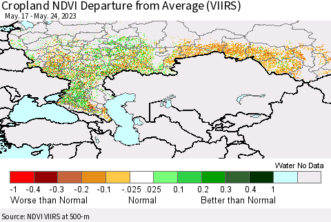 Russian Federation Cropland NDVI Departure from Average (VIIRS) Thematic Map For 5/17/2023 - 5/24/2023