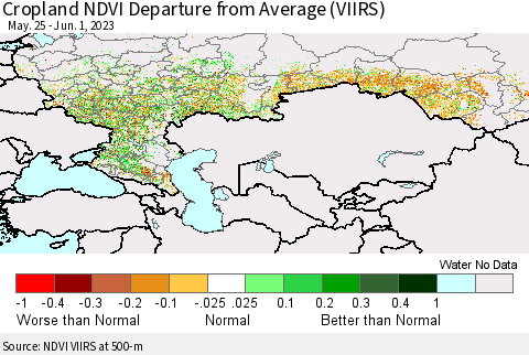 Russian Federation Cropland NDVI Departure from Average (VIIRS) Thematic Map For 5/25/2023 - 6/1/2023