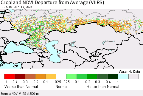 Russian Federation Cropland NDVI Departure from Average (VIIRS) Thematic Map For 6/10/2023 - 6/17/2023