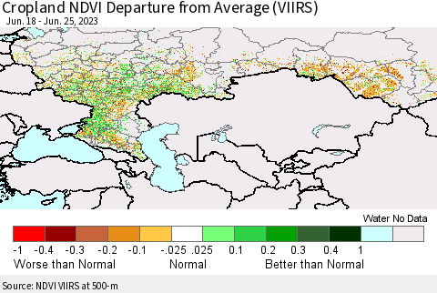 Russian Federation Cropland NDVI Departure from Average (VIIRS) Thematic Map For 6/18/2023 - 6/25/2023