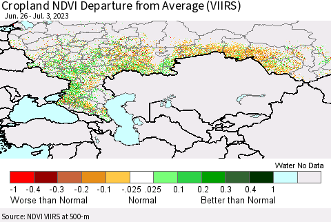 Russian Federation Cropland NDVI Departure from Average (VIIRS) Thematic Map For 6/26/2023 - 7/3/2023