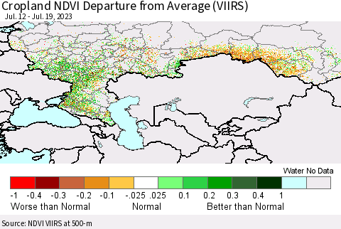 Russian Federation Cropland NDVI Departure from Average (VIIRS) Thematic Map For 7/12/2023 - 7/19/2023