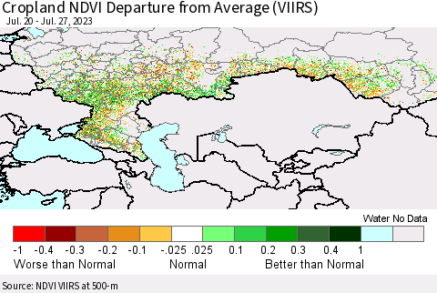 Russian Federation Cropland NDVI Departure from Average (VIIRS) Thematic Map For 7/20/2023 - 7/27/2023