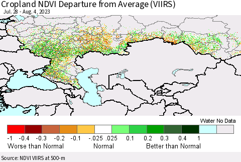 Russian Federation Cropland NDVI Departure from Average (VIIRS) Thematic Map For 7/28/2023 - 8/4/2023