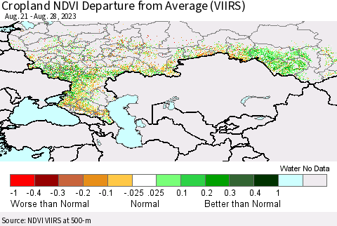 Russian Federation Cropland NDVI Departure from Average (VIIRS) Thematic Map For 8/21/2023 - 8/28/2023