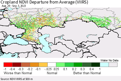 Russian Federation Cropland NDVI Departure from Average (VIIRS) Thematic Map For 8/29/2023 - 9/5/2023