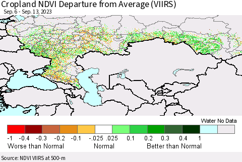Russian Federation Cropland NDVI Departure from Average (VIIRS) Thematic Map For 9/6/2023 - 9/13/2023
