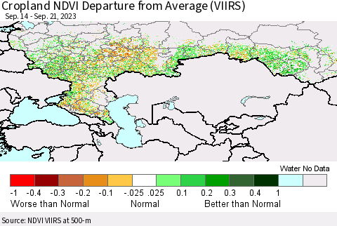 Russian Federation Cropland NDVI Departure from Average (VIIRS) Thematic Map For 9/14/2023 - 9/21/2023