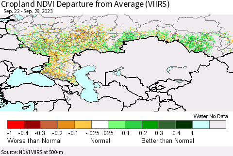 Russian Federation Cropland NDVI Departure from Average (VIIRS) Thematic Map For 9/22/2023 - 9/29/2023