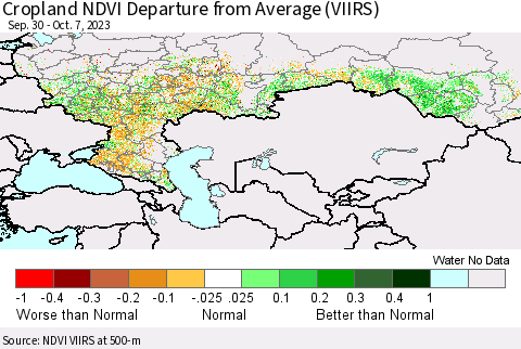 Russian Federation Cropland NDVI Departure from Average (VIIRS) Thematic Map For 9/30/2023 - 10/7/2023