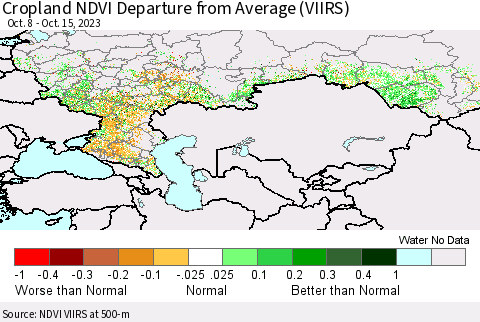 Russian Federation Cropland NDVI Departure from Average (VIIRS) Thematic Map For 10/8/2023 - 10/15/2023