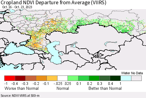 Russian Federation Cropland NDVI Departure from Average (VIIRS) Thematic Map For 10/16/2023 - 10/23/2023
