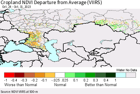 Russian Federation Cropland NDVI Departure from Average (VIIRS) Thematic Map For 10/24/2023 - 10/31/2023