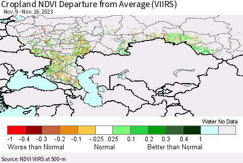 Russian Federation Cropland NDVI Departure from Average (VIIRS) Thematic Map For 11/9/2023 - 11/16/2023