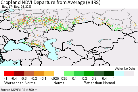 Russian Federation Cropland NDVI Departure from Average (VIIRS) Thematic Map For 11/17/2023 - 11/24/2023