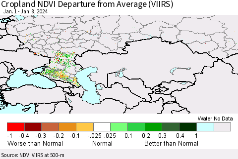 Russian Federation Cropland NDVI Departure from Average (VIIRS) Thematic Map For 1/1/2024 - 1/8/2024