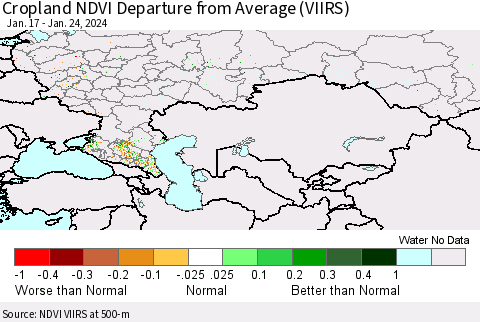 Russian Federation Cropland NDVI Departure from Average (VIIRS) Thematic Map For 1/17/2024 - 1/24/2024