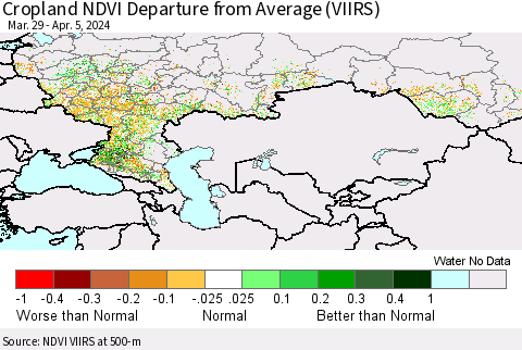 Russian Federation Cropland NDVI Departure from Average (VIIRS) Thematic Map For 3/29/2024 - 4/5/2024