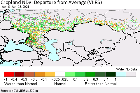 Russian Federation Cropland NDVI Departure from Average (VIIRS) Thematic Map For 4/6/2024 - 4/13/2024