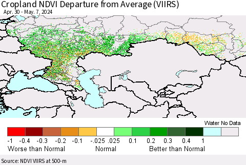 Russian Federation Cropland NDVI Departure from Average (VIIRS) Thematic Map For 4/30/2024 - 5/7/2024