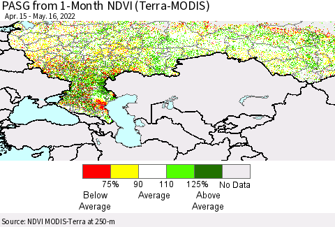 Russian Federation PASG from 1-Month NDVI (Terra-MODIS) Thematic Map For 5/9/2022 - 5/16/2022