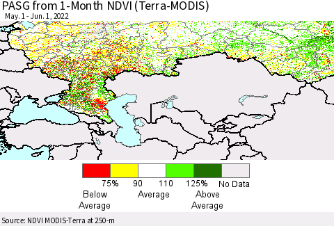 Russian Federation PASG from 1-Month NDVI (Terra-MODIS) Thematic Map For 5/25/2022 - 6/1/2022