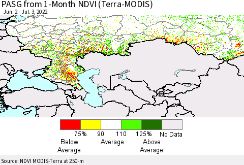 Russian Federation PASG from 1-Month NDVI (Terra-MODIS) Thematic Map For 6/26/2022 - 7/3/2022