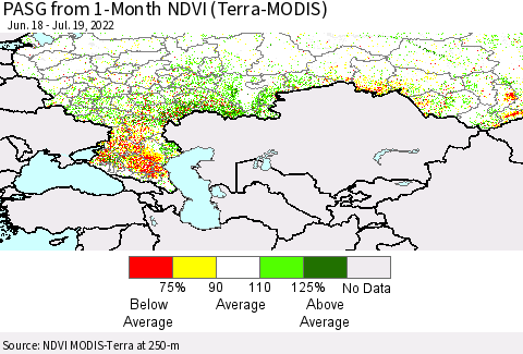 Russian Federation PASG from 1-Month NDVI (Terra-MODIS) Thematic Map For 7/12/2022 - 7/19/2022