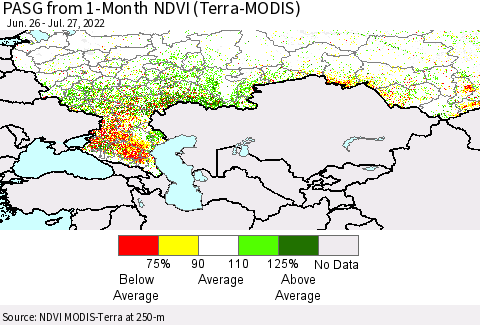 Russian Federation PASG from 1-Month NDVI (Terra-MODIS) Thematic Map For 7/20/2022 - 7/27/2022