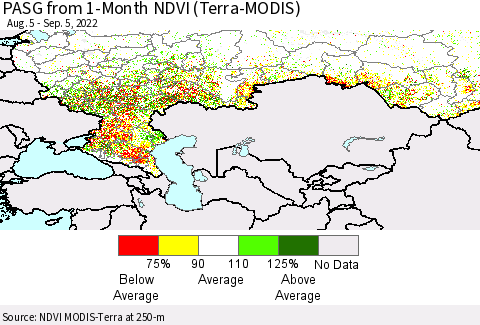 Russian Federation PASG from 1-Month NDVI (Terra-MODIS) Thematic Map For 8/29/2022 - 9/5/2022