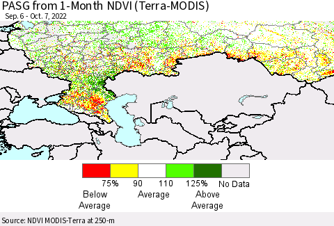 Russian Federation PASG from 1-Month NDVI (Terra-MODIS) Thematic Map For 9/30/2022 - 10/7/2022