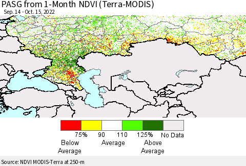 Russian Federation PASG from 1-Month NDVI (Terra-MODIS) Thematic Map For 10/8/2022 - 10/15/2022
