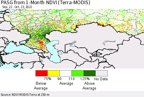 Russian Federation PASG from 1-Month NDVI (Terra-MODIS) Thematic Map For 10/16/2022 - 10/23/2022