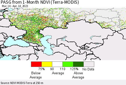 Russian Federation PASG from 1-Month NDVI (Terra-MODIS) Thematic Map For 4/7/2023 - 4/14/2023