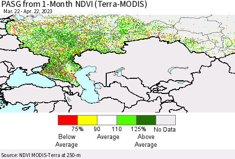 Russian Federation PASG from 1-Month NDVI (Terra-MODIS) Thematic Map For 4/15/2023 - 4/22/2023
