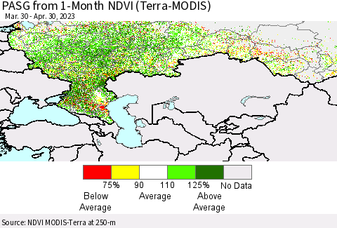 Russian Federation PASG from 1-Month NDVI (Terra-MODIS) Thematic Map For 4/23/2023 - 4/30/2023