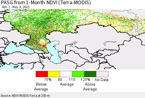 Russian Federation PASG from 1-Month NDVI (Terra-MODIS) Thematic Map For 5/1/2023 - 5/8/2023