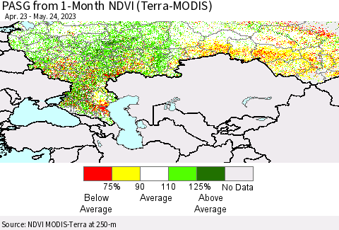 Russian Federation PASG from 1-Month NDVI (Terra-MODIS) Thematic Map For 5/17/2023 - 5/24/2023