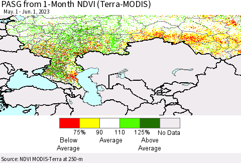 Russian Federation PASG from 1-Month NDVI (Terra-MODIS) Thematic Map For 5/25/2023 - 6/1/2023