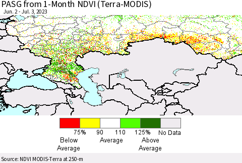 Russian Federation PASG from 1-Month NDVI (Terra-MODIS) Thematic Map For 6/26/2023 - 7/3/2023
