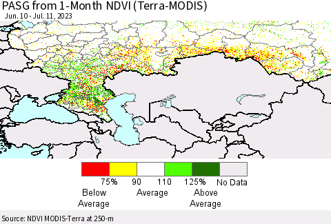 Russian Federation PASG from 1-Month NDVI (Terra-MODIS) Thematic Map For 7/4/2023 - 7/11/2023
