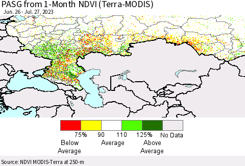 Russian Federation PASG from 1-Month NDVI (Terra-MODIS) Thematic Map For 7/20/2023 - 7/27/2023