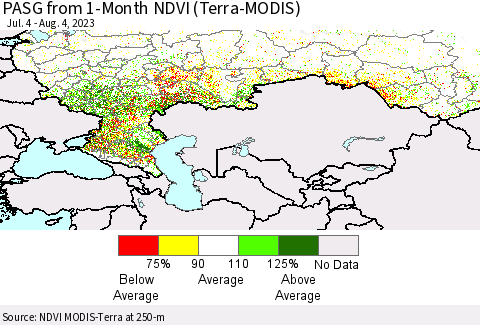 Russian Federation PASG from 1-Month NDVI (Terra-MODIS) Thematic Map For 7/28/2023 - 8/4/2023