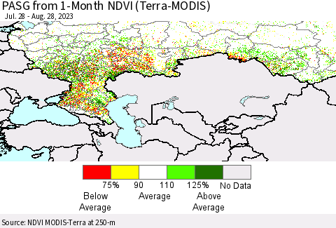 Russian Federation PASG from 1-Month NDVI (Terra-MODIS) Thematic Map For 8/21/2023 - 8/28/2023