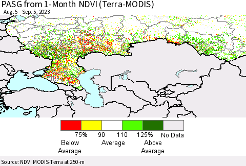 Russian Federation PASG from 1-Month NDVI (Terra-MODIS) Thematic Map For 8/29/2023 - 9/5/2023