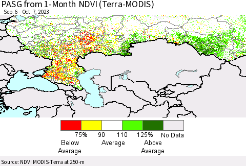 Russian Federation PASG from 1-Month NDVI (Terra-MODIS) Thematic Map For 9/30/2023 - 10/7/2023
