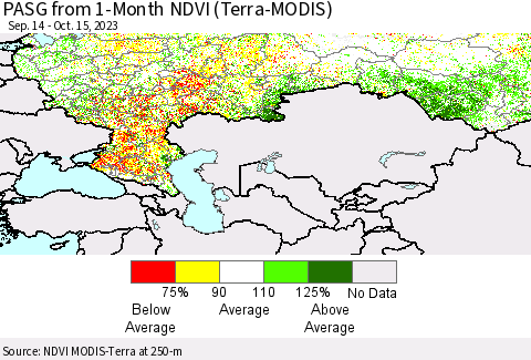 Russian Federation PASG from 1-Month NDVI (Terra-MODIS) Thematic Map For 10/8/2023 - 10/15/2023