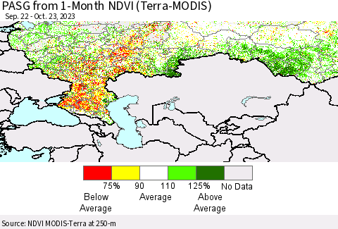 Russian Federation PASG from 1-Month NDVI (Terra-MODIS) Thematic Map For 10/16/2023 - 10/23/2023